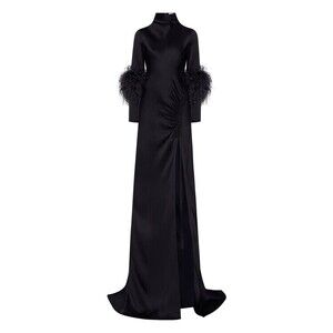 Lapointe Long High-Neck Satin Dress With Feather Details - NWT